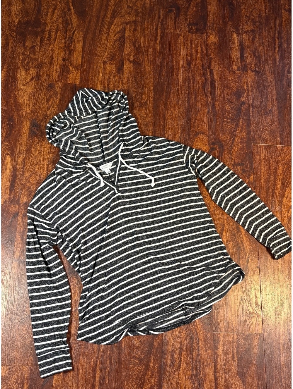 Market & Spruce Black White Striped Hooded Tunic Pullover Hoodie Top M